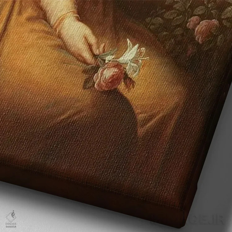 تابلو کنتس دو باری در حال نگه داشتن گل رز اثر الیزابت لوئیز ویژه لو برن (نقاش فرانسوی) - نمای نزدیک بافت بوم