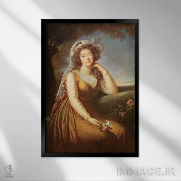 تابلو کنتس دو باری در حال نگه داشتن گل رز اثر الیزابت لوئیز ویژه لو برن (نقاش فرانسوی) - نمای قابدار مشکی