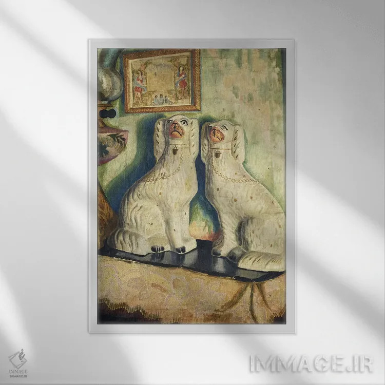 تابلو سگهای استافوردشایر، حدود ۱۹۲۸ (مجسمه سفالی انگلیسی) اثر دورا کارینگتون (نقاش انگلیسی) - نمای قابدار سفید