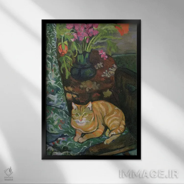 تابلو دستهگل و یک گربه، ۱۹۱۹ اثر ماری کلمنتین والادون - نمای قابدار مشکی