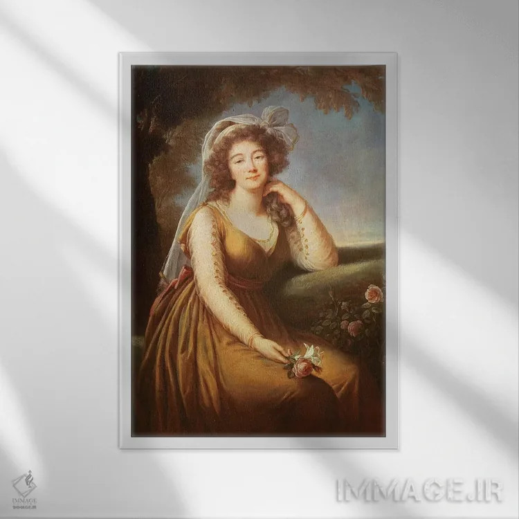تابلو کنتس دو باری در حال نگه داشتن گل رز اثر الیزابت لوئیز ویژه لو برن (نقاش فرانسوی) - نمای قابدار سفید