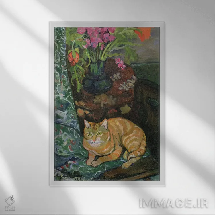 تابلو دستهگل و یک گربه، ۱۹۱۹ اثر ماری کلمنتین والادون - نمای قابدار سفید