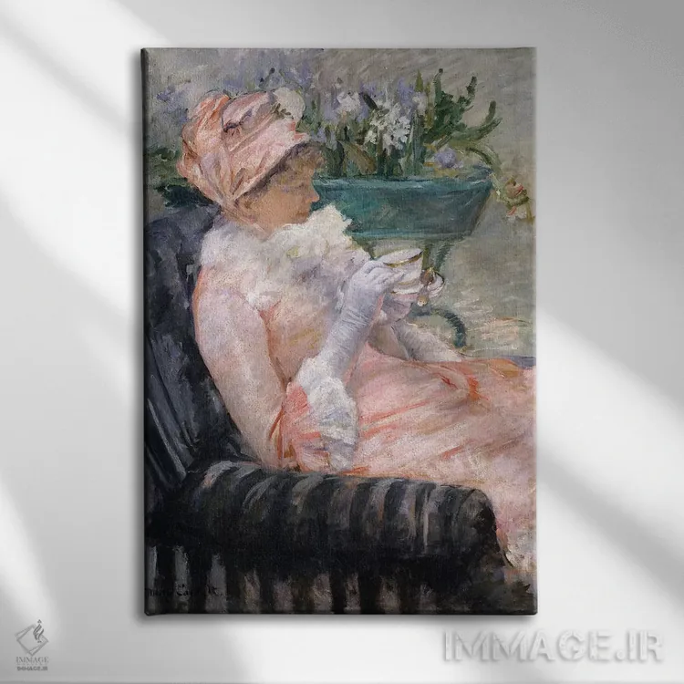 تابلو فنجان چای، حدود ۱۸۸۰–۱۸۸۱ اثر مری استیونسون کاسات (نقاش آمریکایی) - نمای روبهرو روی دیوار
