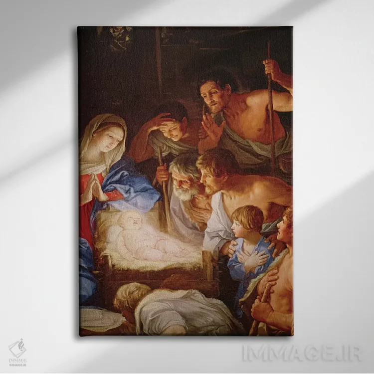 تابلو پرستش شبانان، جزئیاتی از گروه پیرامون عیسی اثر گویدو رنی - نمای روبهرو روی دیوار