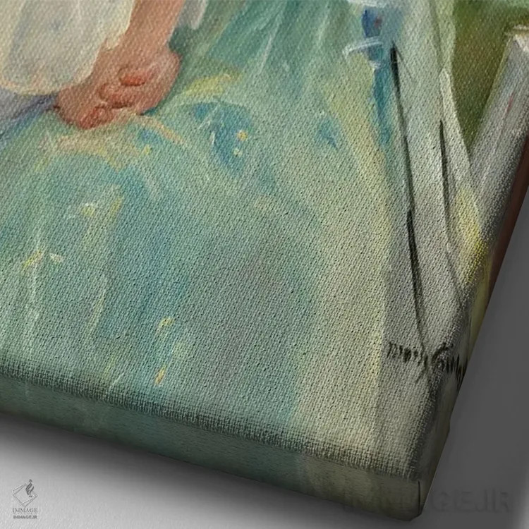 تابلو مادر جوان در حال خیاطی، ۱۹۰۰ اثر مری استیونسون کاسات (نقاش آمریکایی) - نمای نزدیک بافت بوم