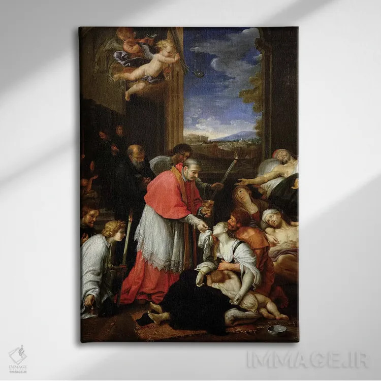 تابلو سن شارل بورومئو (۱۵۳۸-۸۴) در حال اعطای مقدسات به قربانیان طاعون در میلان در سال ۱۵۷۶ اثر پیر میگنار - نمای روبهرو روی دیوار