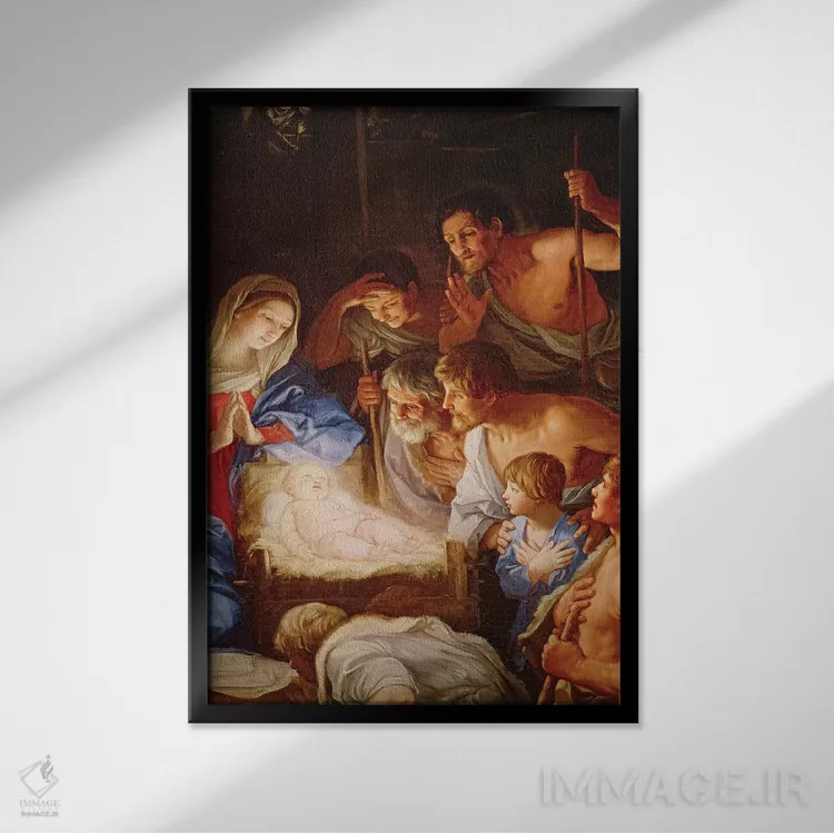 تابلو پرستش شبانان، جزئیاتی از گروه پیرامون عیسی اثر گویدو رنی - نمای قابدار مشکی