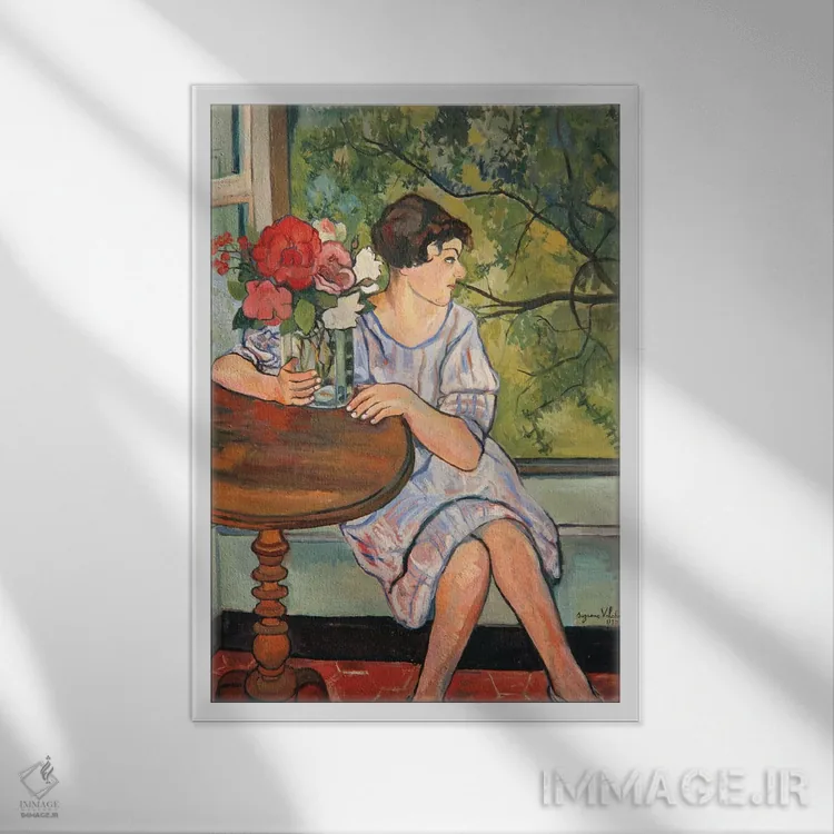 تابلو دختر جوان در برابر پنجره، ۱۹۳۰ اثر ماری کلمنتین والادون - نمای قابدار سفید