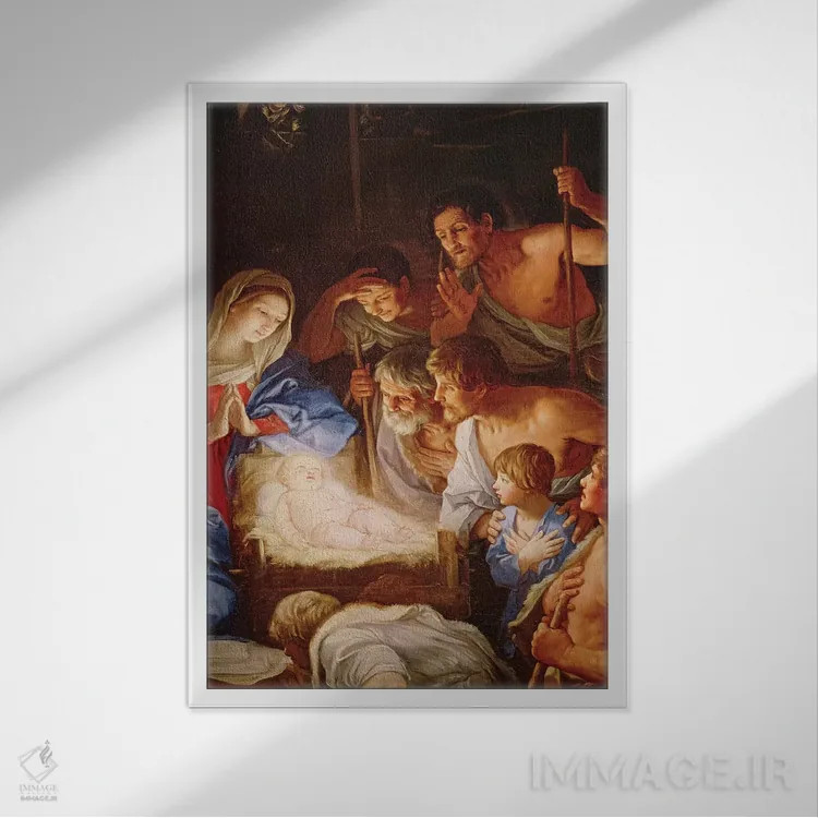 تابلو پرستش شبانان، جزئیاتی از گروه پیرامون عیسی اثر گویدو رنی - نمای قابدار سفید