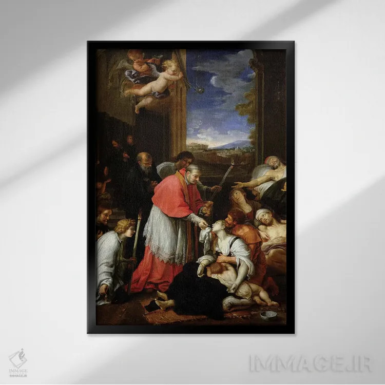 تابلو سن شارل بورومئو (۱۵۳۸-۸۴) در حال اعطای مقدسات به قربانیان طاعون در میلان در سال ۱۵۷۶ اثر پیر میگنار - نمای قابدار مشکی