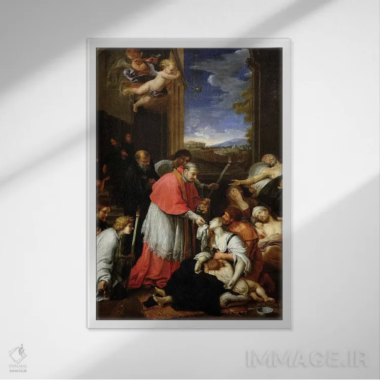 تابلو سن شارل بورومئو (۱۵۳۸-۸۴) در حال اعطای مقدسات به قربانیان طاعون در میلان در سال ۱۵۷۶ اثر پیر میگنار - نمای قابدار سفید