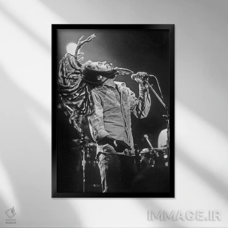 تابلو Los Angeles on May 26, 1976,باب مارلی در کنسرت رگی در راکسی، لسآنجلس، ۲۶ مه ۱۹۷۶ اثر رو دز آرشیو (آرشیو خیابان) - نمای قابدار مشکی