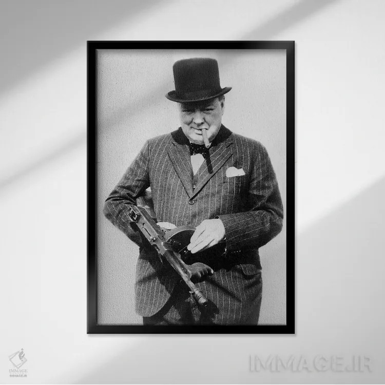 تابلو وینستون چرچیل در حال بازدید از نیروهایی که انگلستان را از حمله ساحلی آلمان محافظت میکنند اثر رو دز آرشیو (آرشیو خیابان) - نمای قابدار مشکی