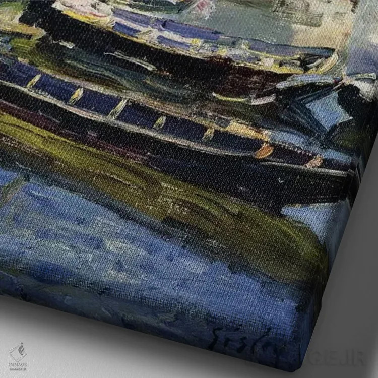 تابلو 1885,بارجها، ۱۸۸۵ اثر آلفرد سیسلی (نقاش امپرسیونیست انگلیسی-فرانسوی) - نمای نزدیک بافت بوم