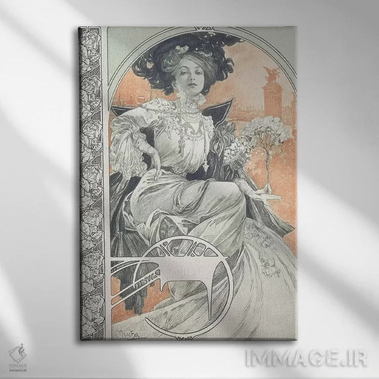 تابلو 1902,صفحه ۱ از "اسناد تزئینی"، ۱۹۰۲ اثر آلفونس موخا (هنرمند آرت نووی چک) - نمای روبهرو روی دیوار