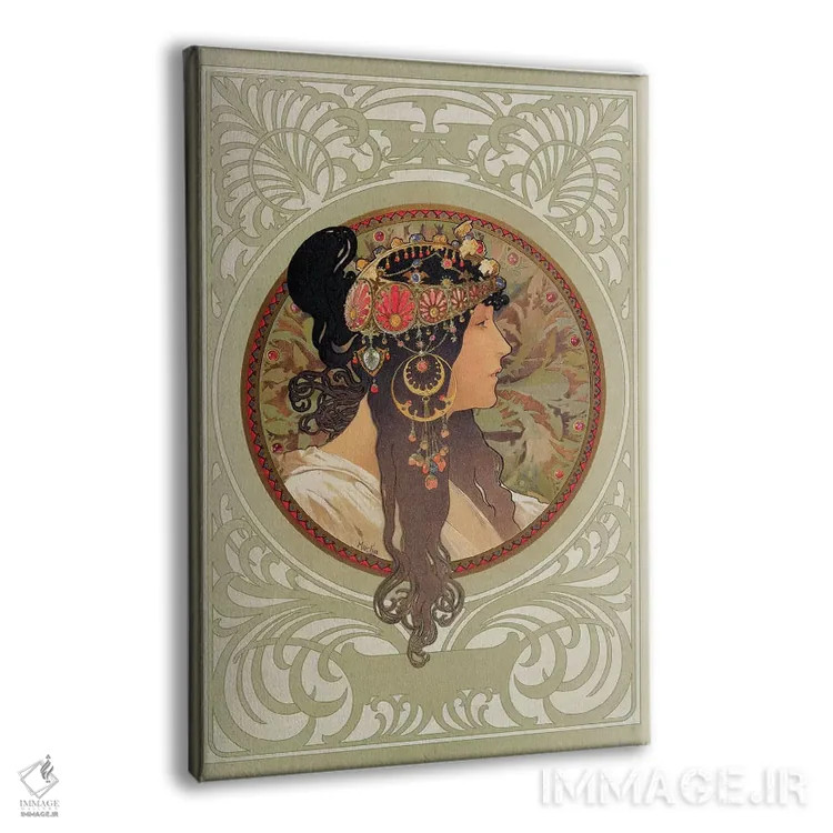 تابلو 1897,سرهای بیزانسی: دختر سبزه، ۱۸۹۷ اثر آلفونس موخا (هنرمند آرت نووی چک) - نمای پرسپکتیو محصول