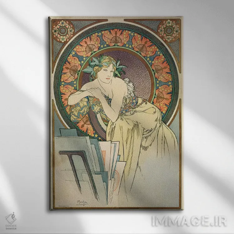 تابلو 1898,زن با شقایقها، ۱۸۹۸ اثر آلفونس موخا (هنرمند آرت نووی چک) - نمای روبهرو روی دیوار