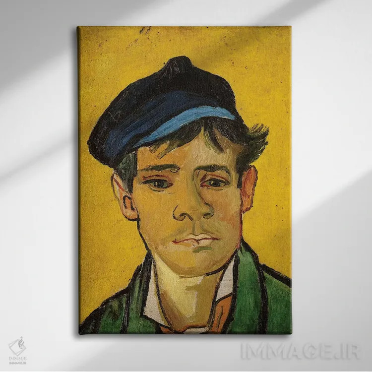 تابلو 1888,مرد جوان با کلاه، ۱۸۸۸ اثر ونسان ون گوگ (نقاش مشهور هلندی پستامپرسیونیسم) - نمای روبهرو روی دیوار