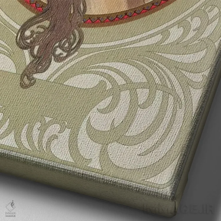 تابلو 1897,سرهای بیزانسی: دختر سبزه، ۱۸۹۷ اثر آلفونس موخا (هنرمند آرت نووی چک) - نمای نزدیک بافت بوم