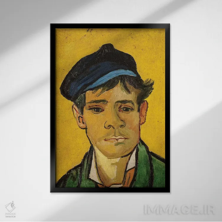 تابلو 1888,مرد جوان با کلاه، ۱۸۸۸ اثر ونسان ون گوگ (نقاش مشهور هلندی پستامپرسیونیسم) - نمای قابدار مشکی