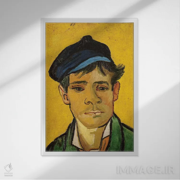 تابلو 1888,مرد جوان با کلاه، ۱۸۸۸ اثر ونسان ون گوگ (نقاش مشهور هلندی پستامپرسیونیسم) - نمای قابدار سفید