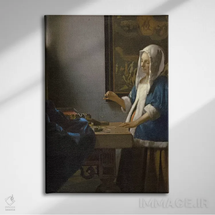 تابلو c.1664,زن با ترازوی در دست، حدود ۱۶۶۴ اثر یان ورمیر (نقاش هلندی) - نمای روبهرو روی دیوار