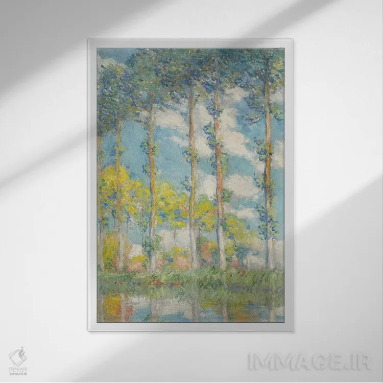 تابلو 1891,صنوبرها؛ لس پوپلیه، ۱۸۹۱ اثر کلود مونه (نقاش معروف فرانسوی) - نمای قابدار سفید