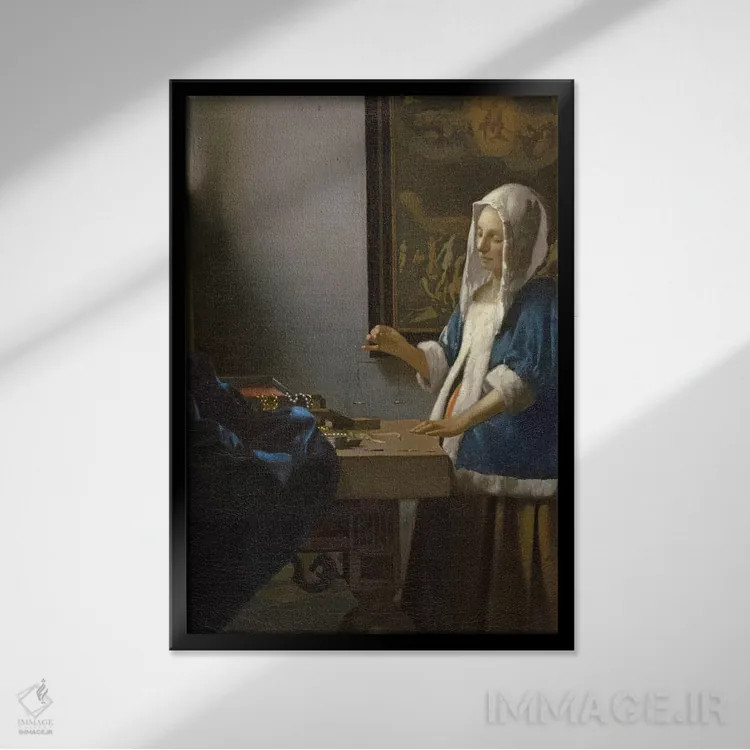 تابلو c.1664,زن با ترازوی در دست، حدود ۱۶۶۴ اثر یان ورمیر (نقاش هلندی) - نمای قابدار مشکی