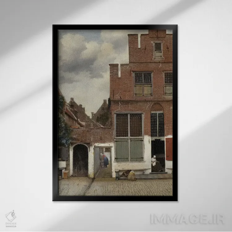 تابلو known as 'The Little Street', c.1658,نمای خانهها در دلفت، معروف به "کوچهٔ کوچک"، حدود ۱۶۵۸ اثر یان ورمیر (نقاش هلندی) - نمای قابدار مشکی