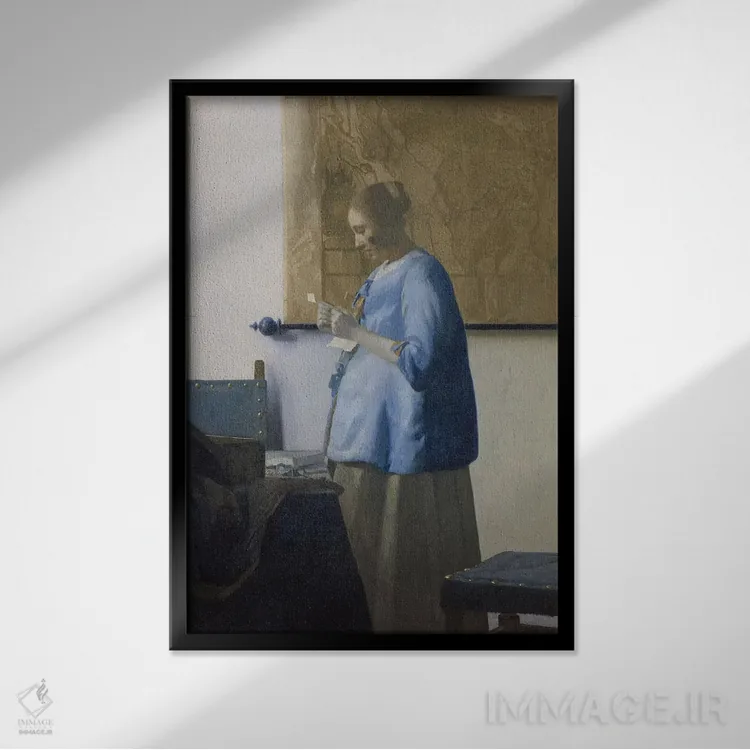 تابلو c.1662-63,زن در حال خواندن نامه، حدود ۱۶۶۲–۶۳ اثر یان ورمیر (نقاش هلندی) - نمای قابدار مشکی