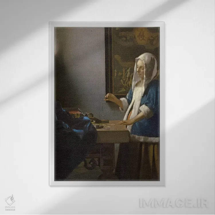 تابلو c.1664,زن با ترازوی در دست، حدود ۱۶۶۴ اثر یان ورمیر (نقاش هلندی) - نمای قابدار سفید
