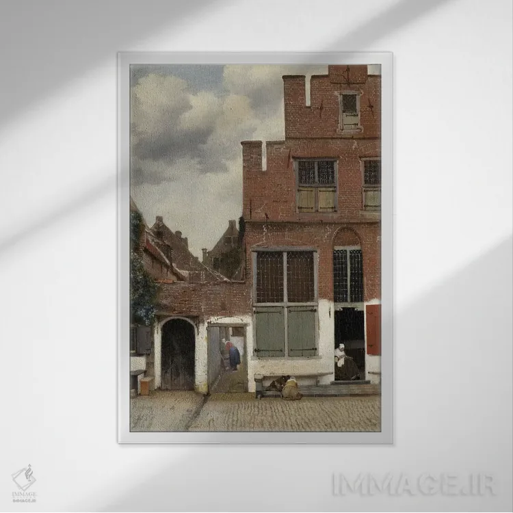 تابلو known as 'The Little Street', c.1658,نمای خانهها در دلفت، معروف به "کوچهٔ کوچک"، حدود ۱۶۵۸ اثر یان ورمیر (نقاش هلندی) - نمای قابدار سفید