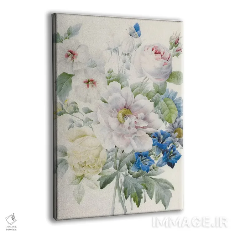 تابلو Roses, Hibiscus, Asters, Gentian and an Imaginary Blue Butterfly,دستهگلی شامل گل صدتومانی، رزها، ختمی، ستارهای، ژنتیان و یک پروانهٔ آبی خیالی اثر پیر-ژوزف ردوت - نمای پرسپکتیو محصول
