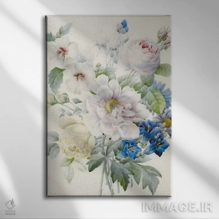 تابلو Roses, Hibiscus, Asters, Gentian and an Imaginary Blue Butterfly,دستهگلی شامل گل صدتومانی، رزها، ختمی، ستارهای، ژنتیان و یک پروانهٔ آبی خیالی اثر پیر-ژوزف ردوت - نمای روبهرو روی دیوار