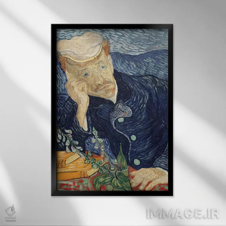تابلو 1890,پرتره دکتر پل گاشه، ۱۸۹۰ اثر ونسان ون گوگ (نقاش مشهور هلندی پستامپرسیونیسم) - نمای قابدار مشکی