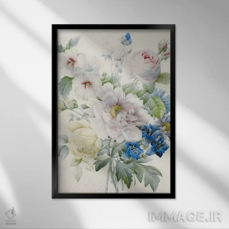 تابلو Roses, Hibiscus, Asters, Gentian and an Imaginary Blue Butterfly,دستهگلی شامل گل صدتومانی، رزها، ختمی، ستارهای، ژنتیان و یک پروانهٔ آبی خیالی اثر پیر-ژوزف ردوت - نمای قابدار مشکی