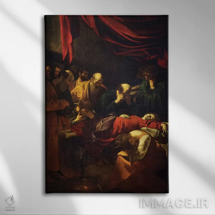 تابلو 1601-06,مرگ مریم مقدس، ۱۶۰۱–۰۶ اثر میکلآنژو مریزی دا کاراواجو (کاراواجو؛ نقاش بزرگ ایتالیایی) - نمای روبهرو روی دیوار