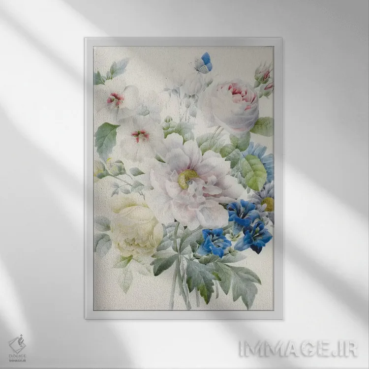 تابلو Roses, Hibiscus, Asters, Gentian and an Imaginary Blue Butterfly,دستهگلی شامل گل صدتومانی، رزها، ختمی، ستارهای، ژنتیان و یک پروانهٔ آبی خیالی اثر پیر-ژوزف ردوت - نمای قابدار سفید