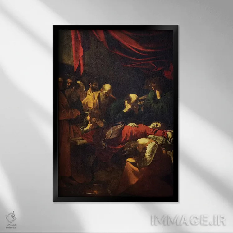 تابلو 1601-06,مرگ مریم مقدس، ۱۶۰۱–۰۶ اثر میکلآنژو مریزی دا کاراواجو (کاراواجو؛ نقاش بزرگ ایتالیایی) - نمای قابدار مشکی