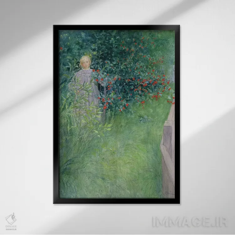 تابلو در حصار گیاه زالزالک اثر کارل لارسون (نقاش و تصویرگر سوئدی) - نمای قابدار مشکی