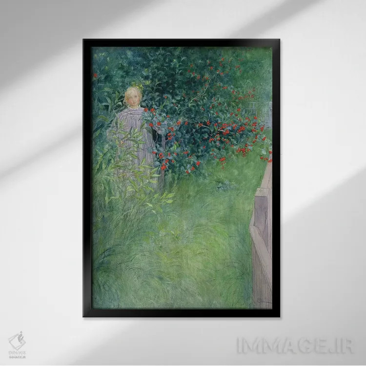 تابلو در حصار گیاه زالزالک اثر کارل لارسون (نقاش و تصویرگر سوئدی) - نمای قابدار مشکی