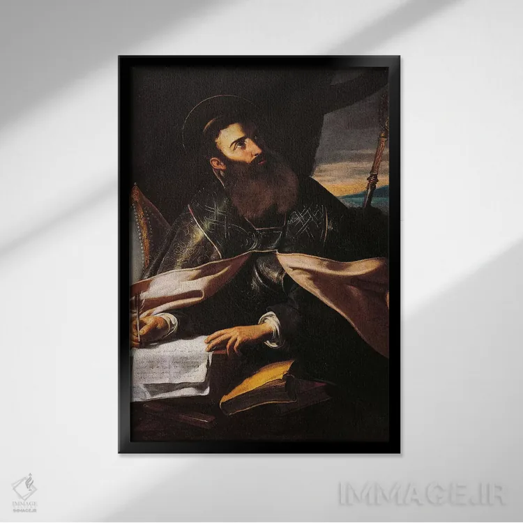 تابلو پرترهٔ سنت آگوستین هیپو (قدیس مسیحی) اثر چکو دل کاراواجو (نقاش مکتب باروک ایتالیا) - نمای قابدار مشکی