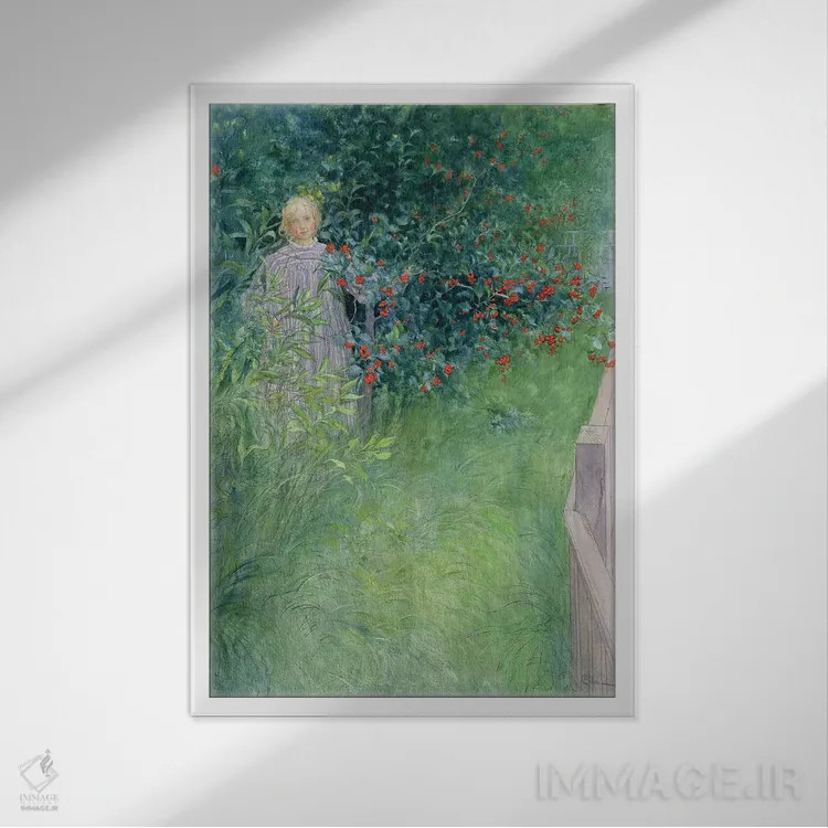 تابلو در حصار گیاه زالزالک اثر کارل لارسون (نقاش و تصویرگر سوئدی) - نمای قابدار سفید