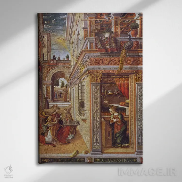 تابلو 1486,بشارت با سنت امیدیوس، ۱۴۸۶ اثر کارلو کریولی (نقاش رنسانس ایتالیایی) - نمای روبهرو روی دیوار