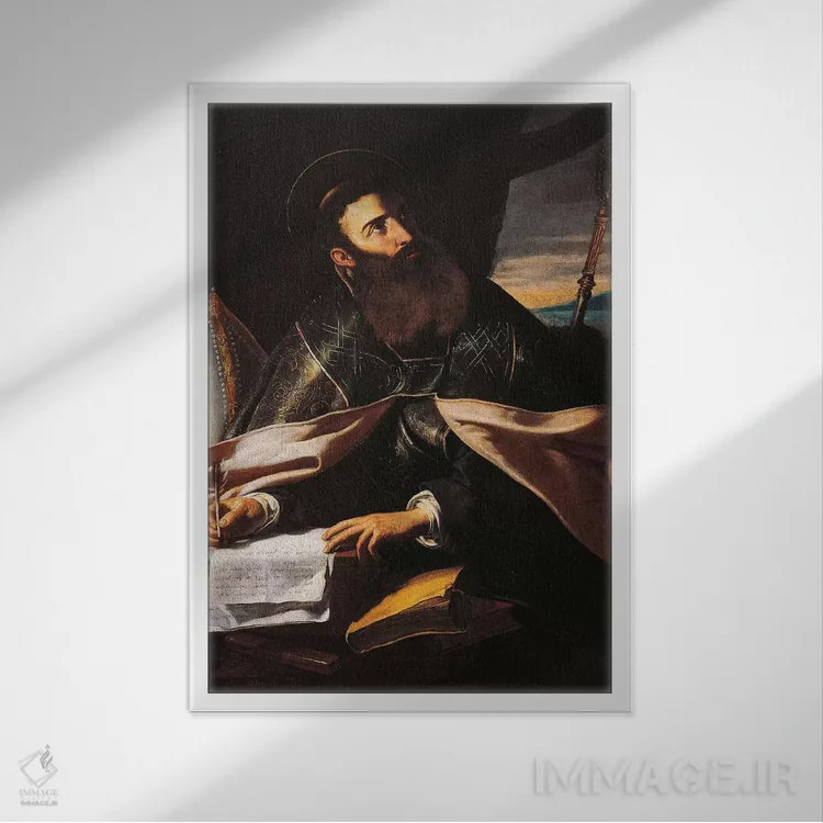 تابلو پرترهٔ سنت آگوستین هیپو (قدیس مسیحی) اثر چکو دل کاراواجو (نقاش مکتب باروک ایتالیا) - نمای قابدار سفید