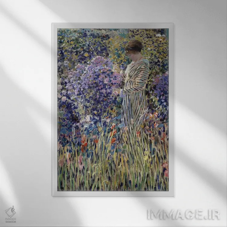 تابلو زن در باغ اثر فردریک کارل فریسکه (نقاش امپرسیونیست آمریکایی) - نمای قابدار سفید