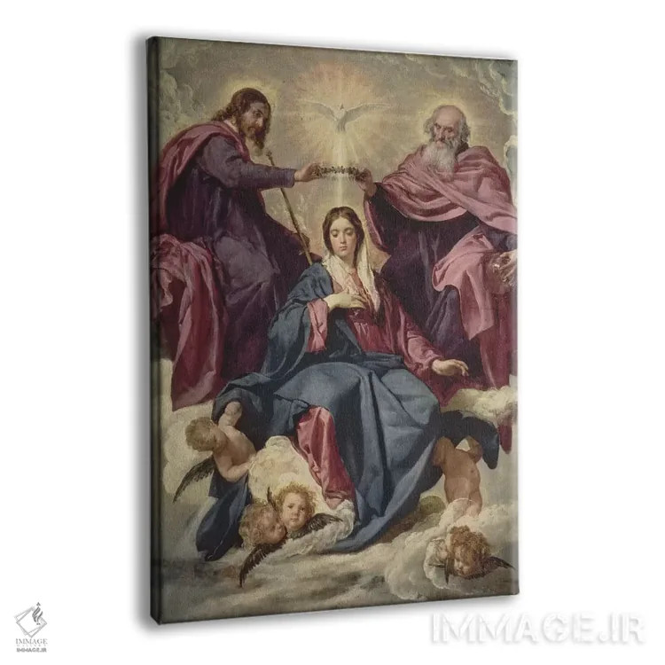 تابلو c.1641-42,تاجگذاری مریم مقدس، حدود ۱۶۴۱-۴۲ (نقاشی معنویتی) اثر دیهگو رودریگز د سیلوا ای ولاسکز (نقاش معروف اسپانیایی) - نمای پرسپکتیو محصول