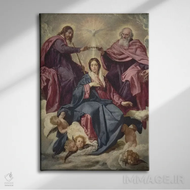 تابلو c.1641-42,تاجگذاری مریم مقدس، حدود ۱۶۴۱-۴۲ (نقاشی معنویتی) اثر دیهگو رودریگز د سیلوا ای ولاسکز (نقاش معروف اسپانیایی) - نمای روبهرو روی دیوار