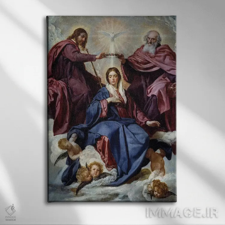 تابلو 1645,تاجگذاری مریم مقدس، ۱۶۴۵ (نقاشی معنویتی) اثر دیهگو رودریگز د سیلوا ای ولاسکز (نقاش معروف اسپانیایی) - نمای روبهرو روی دیوار