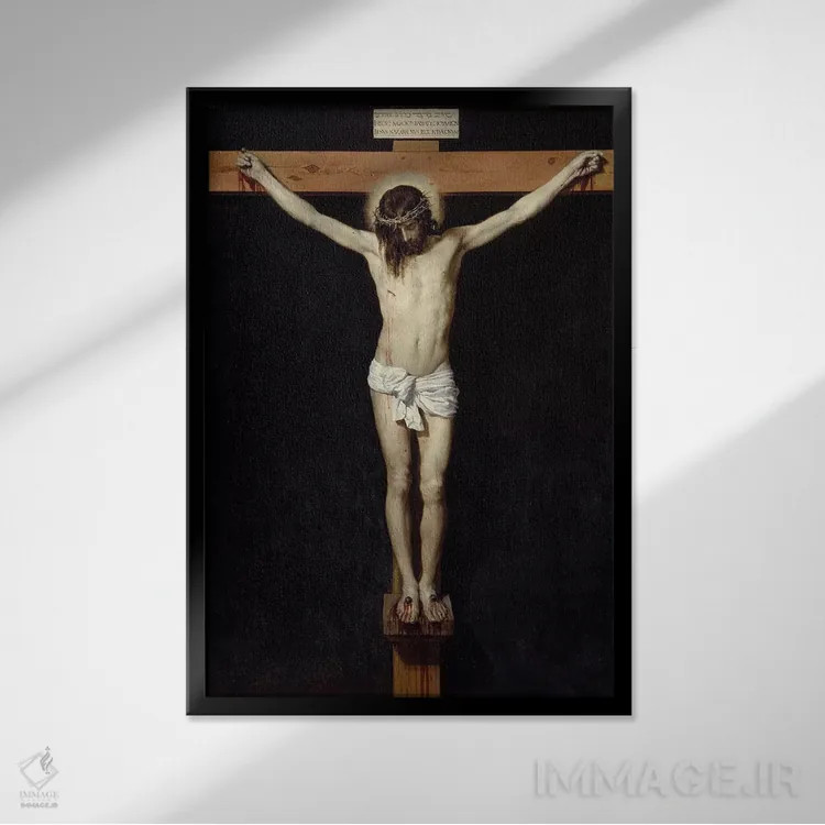 تابلو 1632,به صلیب کشیده شدن مسیح، ۱۶۳۲ (نقاشی معنویتی) اثر دیهگو رودریگز د سیلوا ای ولاسکز (نقاش معروف اسپانیایی) - نمای قابدار مشکی